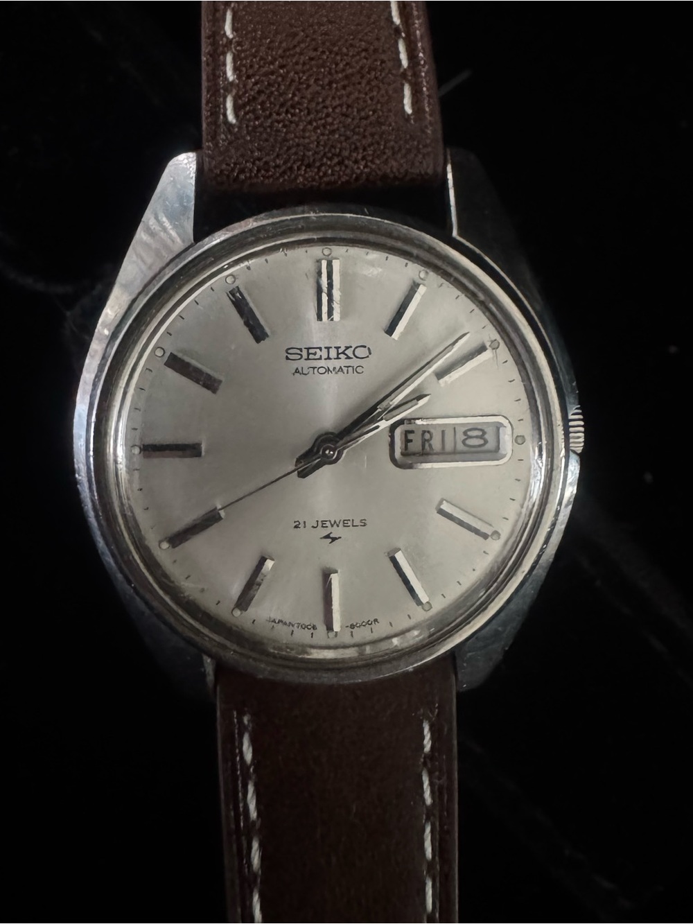 Seiko Silver Dial Watch with Brown Leather Strap